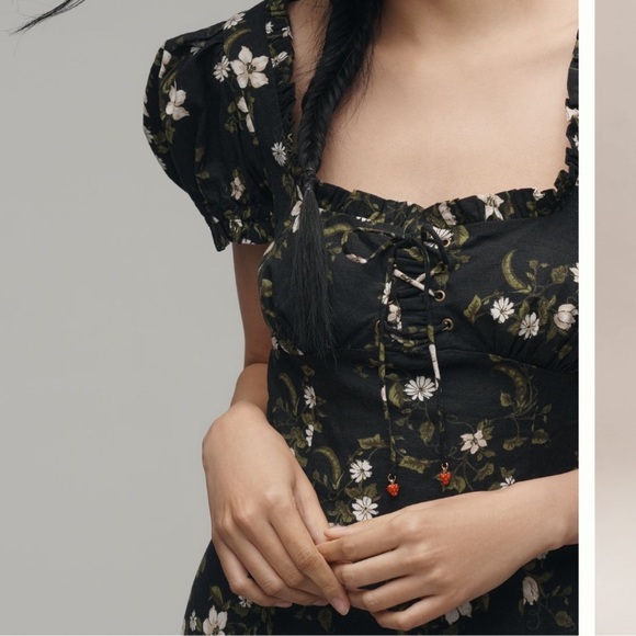 MAEVE LINEN BLEND PUFF-SLEEVE SWEETHEART MIDI DRESS NWT - Picture 10 of 12